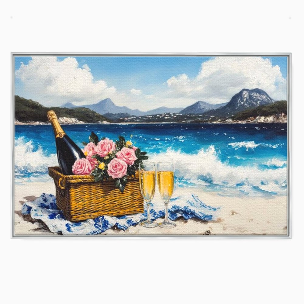 Tablou canvas cu pictura cu picnic pe plaja cu sampanie, in rama de aluminiu argintiu